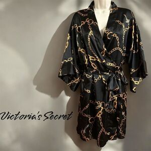 Victoria's Secret Vintage Women's Soft Satin Black Gold Chain Kimono Short Robe
